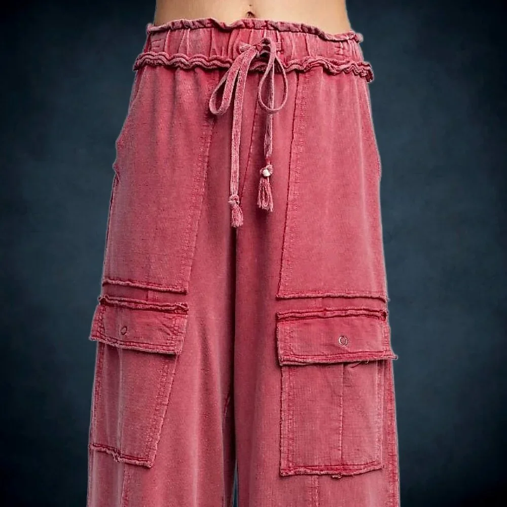 EASEL “Feeling Good Cargos” Mineral Washed Flared Leg, Raw Seams & Hems, Pockets - Picture 11 of 16